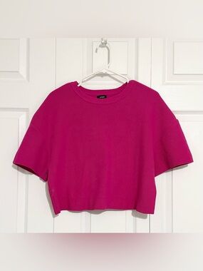 Express Hot Pink Cropped Sweater | Short Sleeve Knit Top | Size Medium